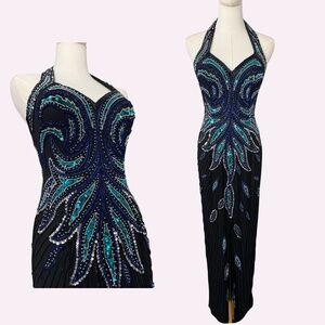 Alyce Designs Paris Black Blue Siren Beaded & Sequin Silk Dress Size 4